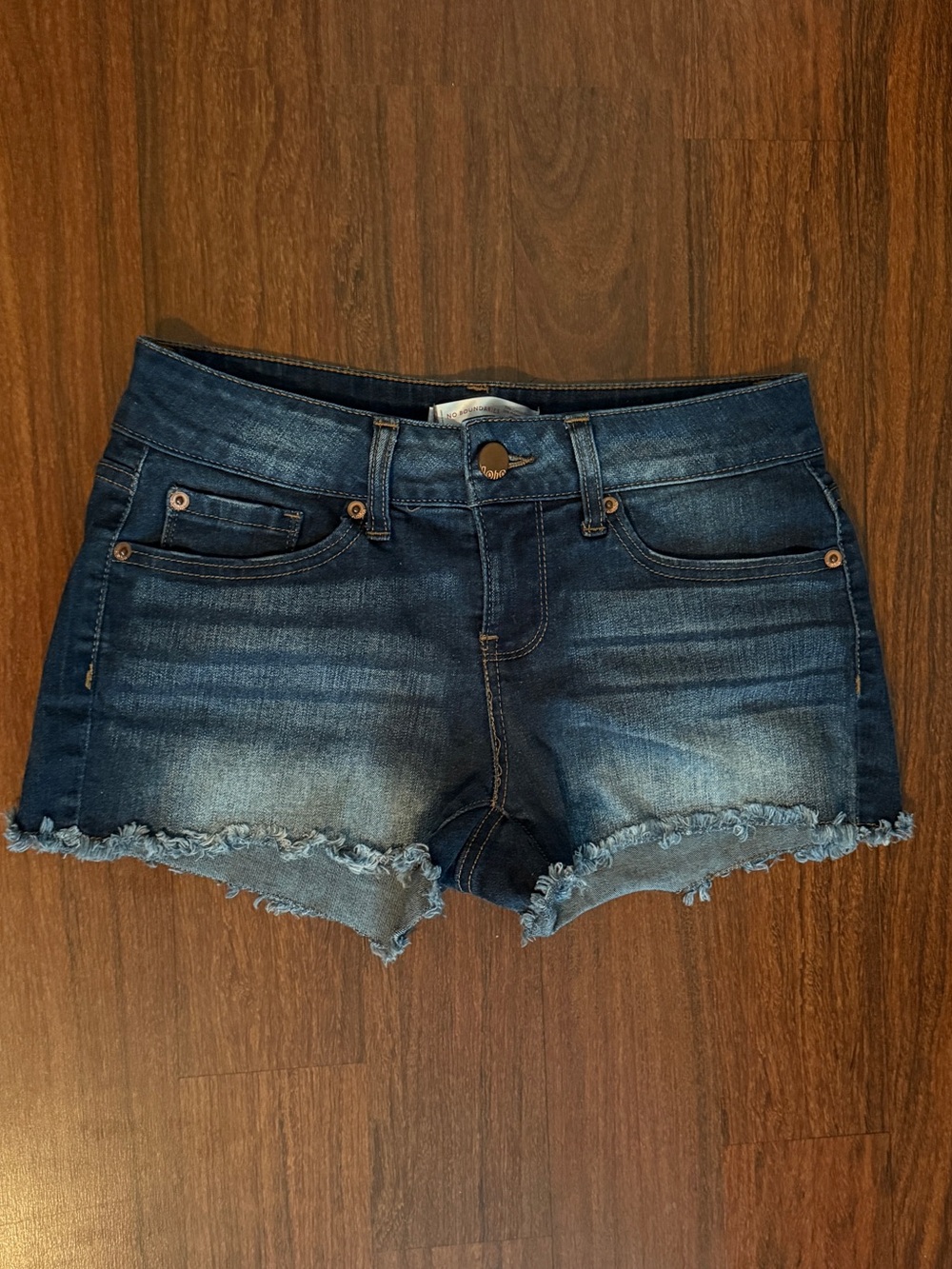 No Boundaries Dark Blue Frayed Hem Denim Shorts